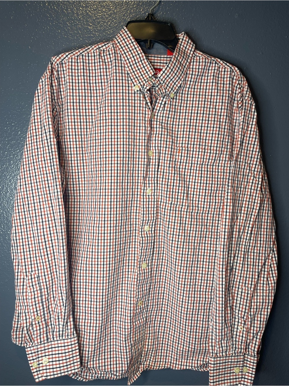 IZOD Men’s Large Button Down Shirt Red Navy White Plaid Check Long Sleeve L